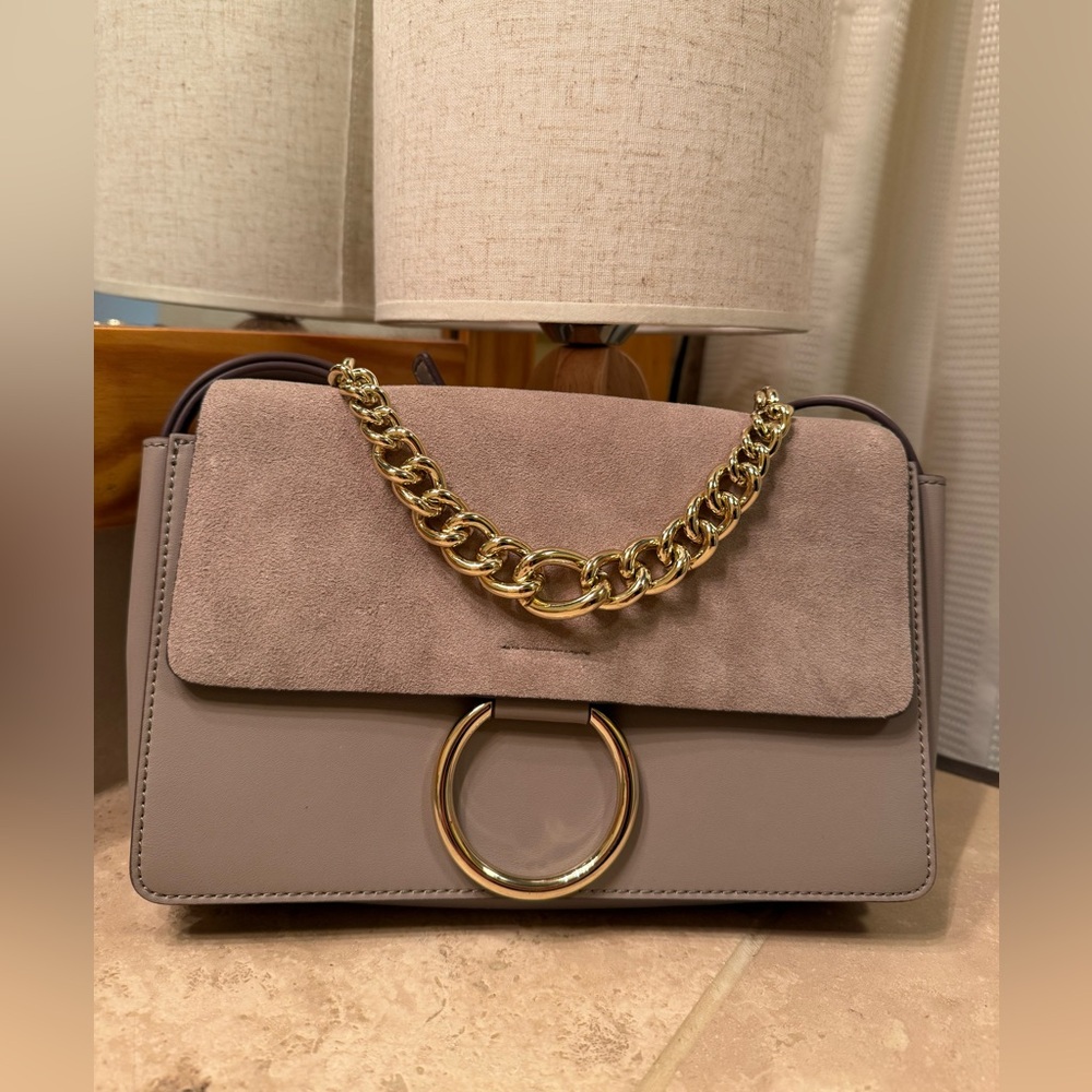 Belle and Bloom Taupe Leather and Suede Purse with Strap and Gold Chain Detail